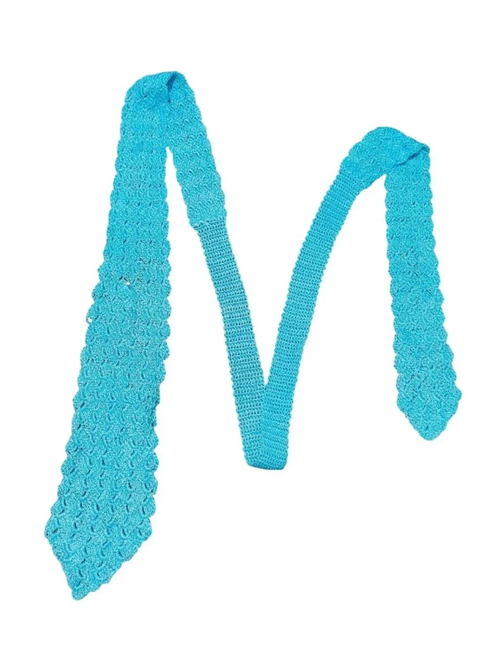 Handmade Crochet Necktie Light Blue Open Weave Textured Knit Vintage Style Tie